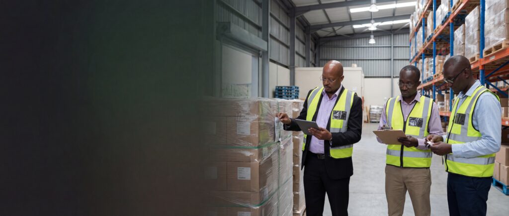 Staff in safety vests checking stock in a warehouse